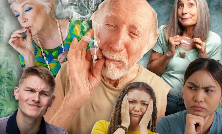 Illustration of older people smoking marijuana and younger people looking upset.