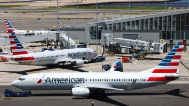 American Airlines Boeing 737 planes parked at LaGuardia Airport in Queens, New York.