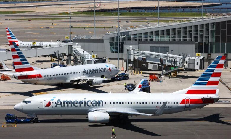 American Airlines Boeing 737 planes parked at LaGuardia Airport in Queens, New York.