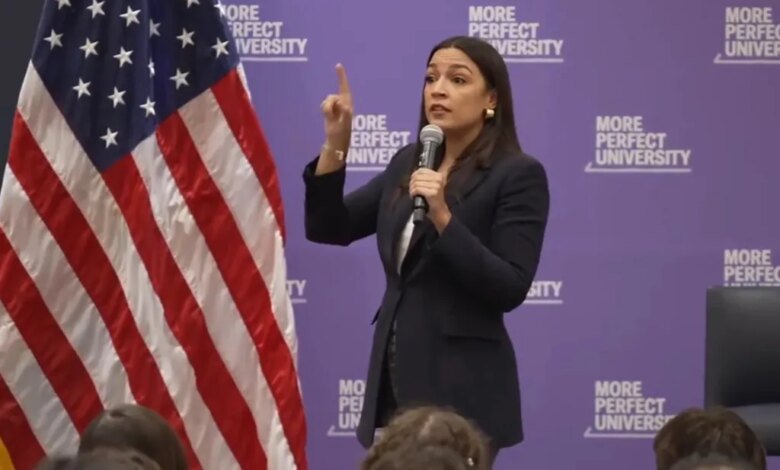 Alexandria Ocasio-Cortez speaking with students about relevant issues during a town hall.