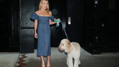 Tracy Anderson with her dog on a leash, attending Jennifer Fisher's Soho store opening party.