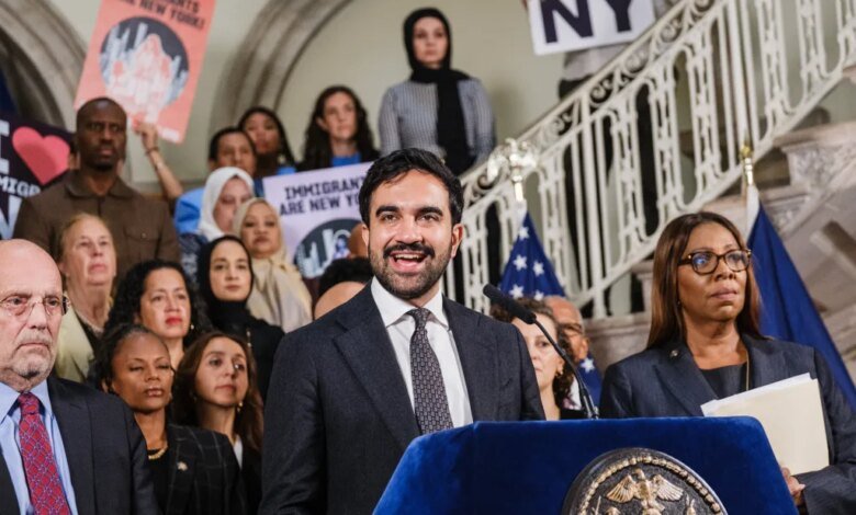 New York City Mayor Zohran Mamdani speaking at a press conference next to Attorney General Letitia James.