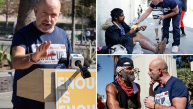 Steve Hilton campaigns at MacArthur Park in Los Angeles to address California homeless crisis