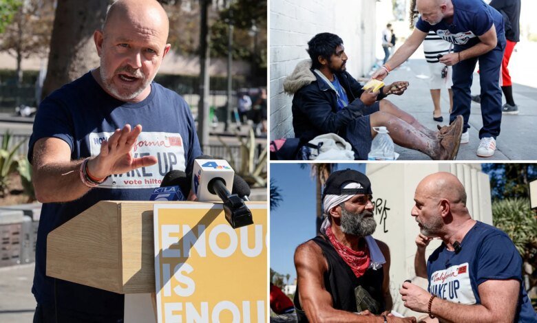 Steve Hilton campaigns at MacArthur Park in Los Angeles to address California homeless crisis
